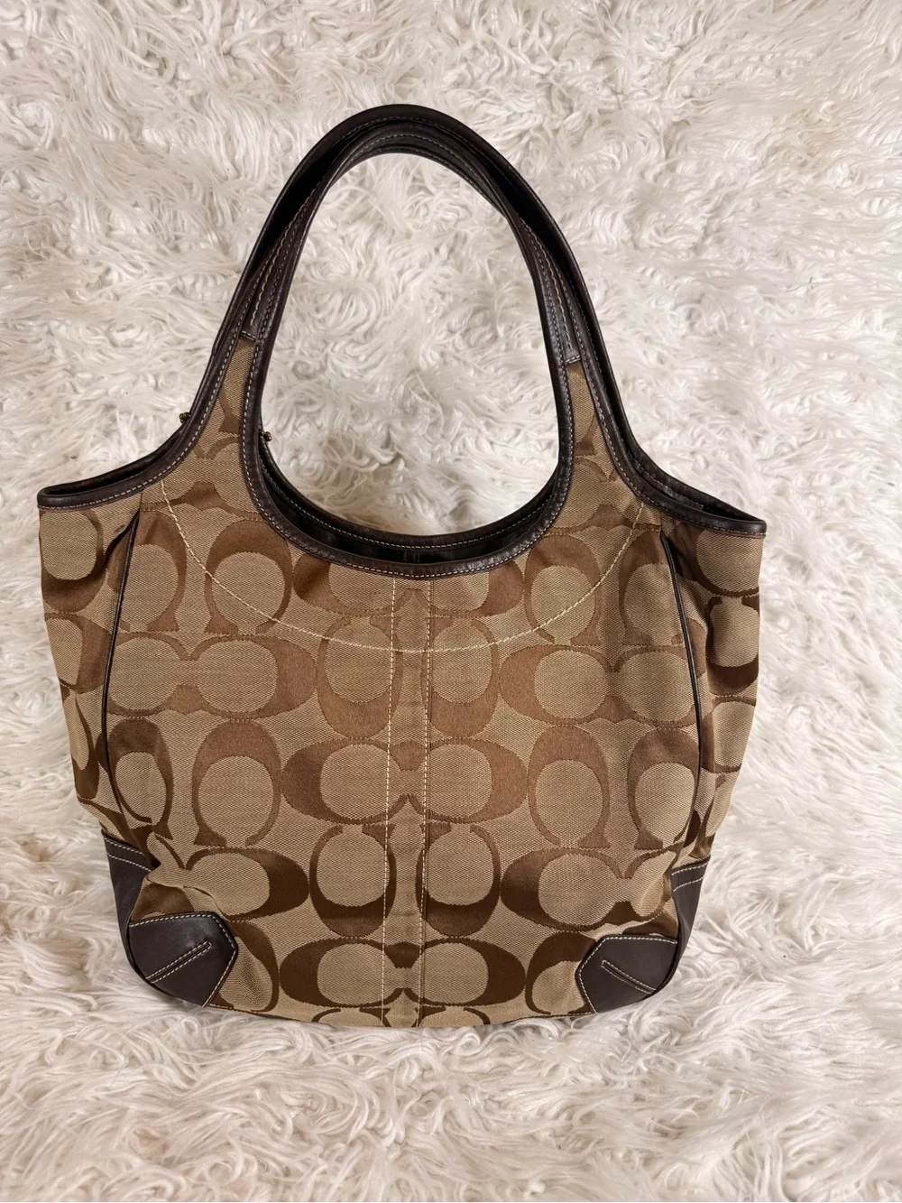 Coach Beige/Brown Signature Canvas Shoulder Bag with Dark Brown Trim